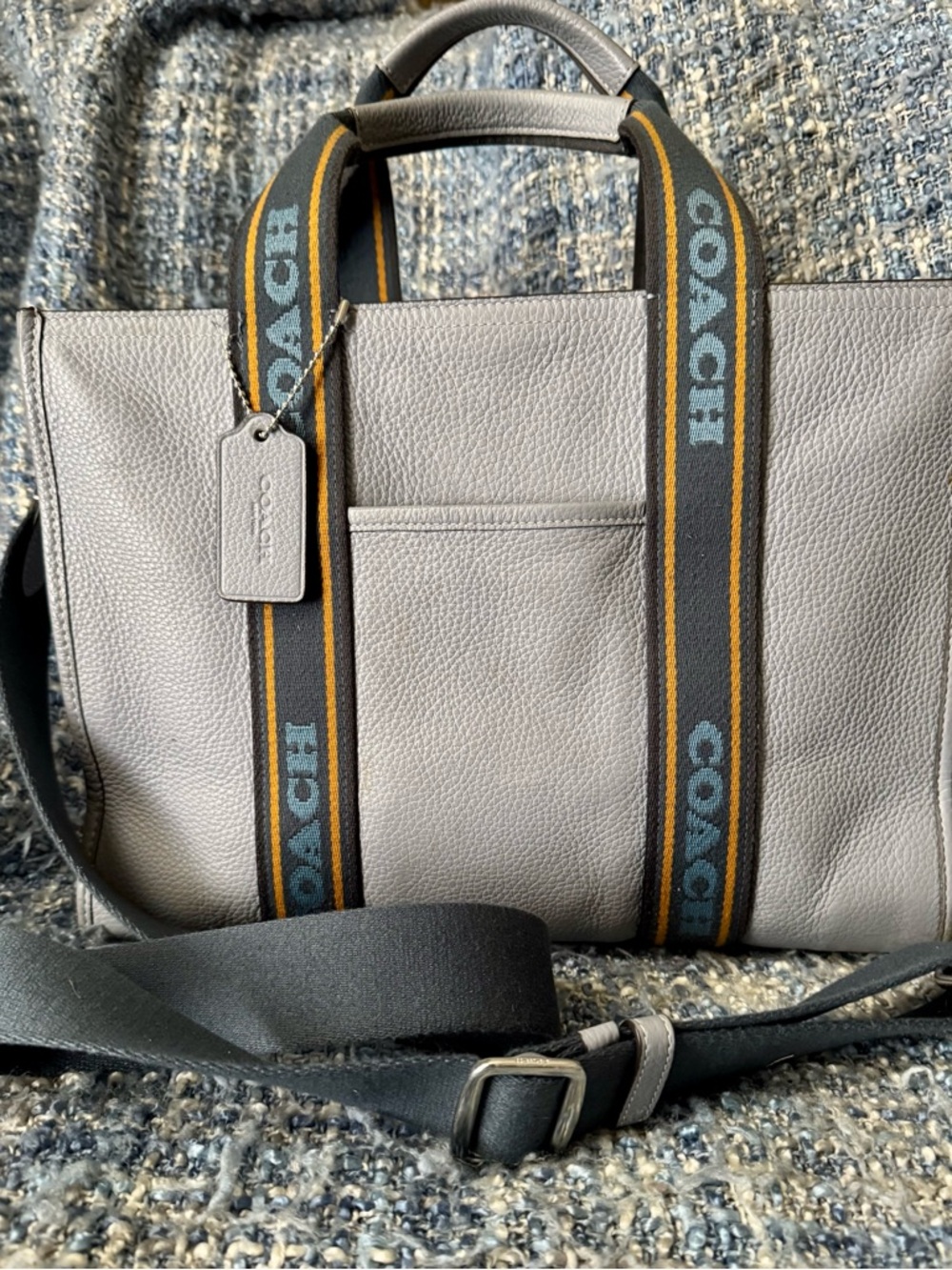 Coach Light Blue Leather Tote with Branded Webbing Straps